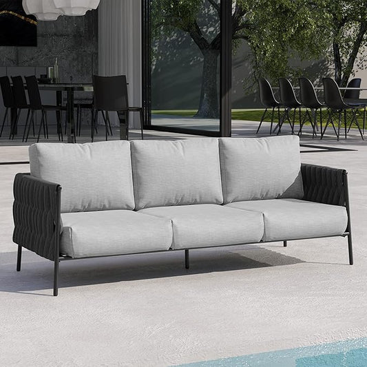 EAST OAK Patio Sofa 3-Seater, Outdoor All-Weather Couch with 6.7" Thick Washable Cushions, Heavy-Duty Steel Frame, Modern Garden/Porch/Backyard Furniture, Grey
