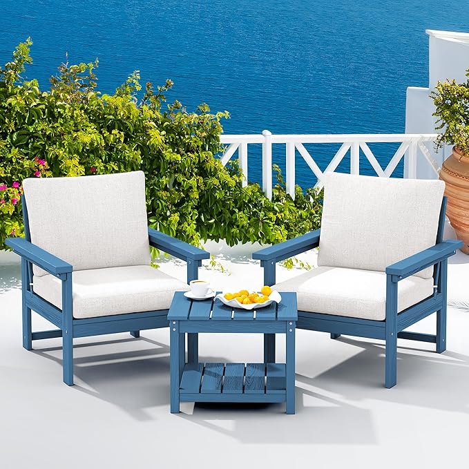 SERWALL HDPE Patio Sofa Set, 3-Piece Sectional Outdoor Furniture Set, All Weather Outdoor Couch Set Patio Furniture Set for Deck, Lawn, Blue Frame with Khaki Cushion