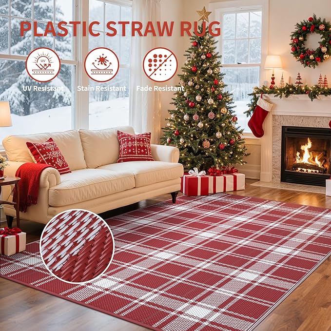 GENIMO Christmas Outdoor Rug for Patio, 5'x8' Waterproof Reversible Plastic Straw Rugs, Lightweight RV Camping Mat for Camper, Balcony, Deck, Backyard, Picnic, Red & White