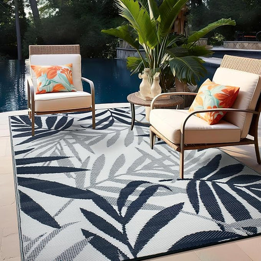Rugshop Contemporary Floral Leaves Reversible Crease-Free Waterproof Premium Recycled Plastic Outdoor Rugs for Patio,Backyard,RV,Deck,Picnic,Trailer,Beach,Camping,Sunroom Navy 5' x 7'