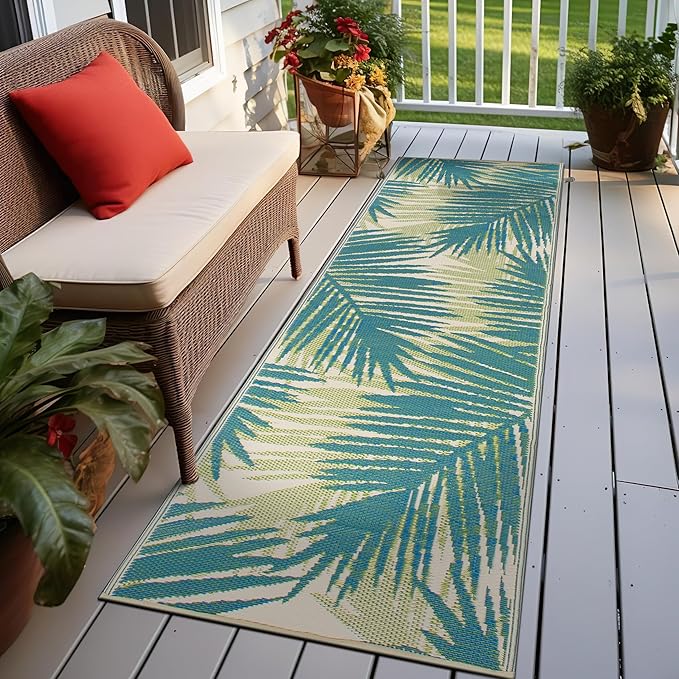 Rugshop Tropical Floral Reversible Crease-Free Waterproof Premium Recycled Plastic Outdoor Rugs for Patio,Backyard,RV,Deck,Picnic,Trailer,Beach,Camping Rug 2' 7" X 8' Green