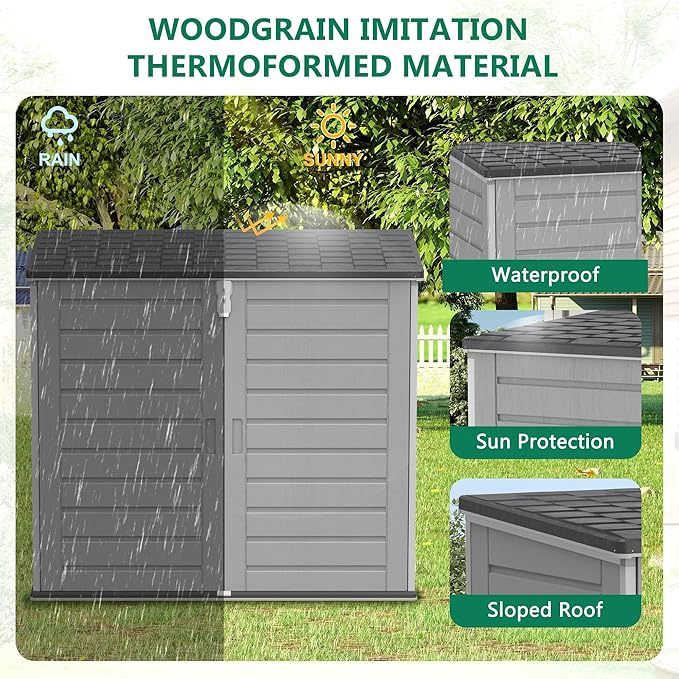 Uhomepro 4.6 Ft. X 4.1 Ft Outdoor Horizontal Storage Shed, Resin Storage Shed with Double Lockable Doors, Ideal for Garbage Can Storage and Garden Tools, Strong Water Resistance, Gray