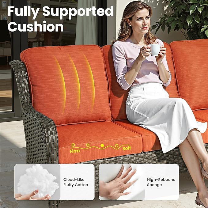 ovios 10 Pieces Patio Furniture Set, Outdoor Wicker Sofa Couch with Swivel Chairs 54" Fire Pit Table, All Weather High Back Modern Conversation Sets, Brown Rattan, Orange Red