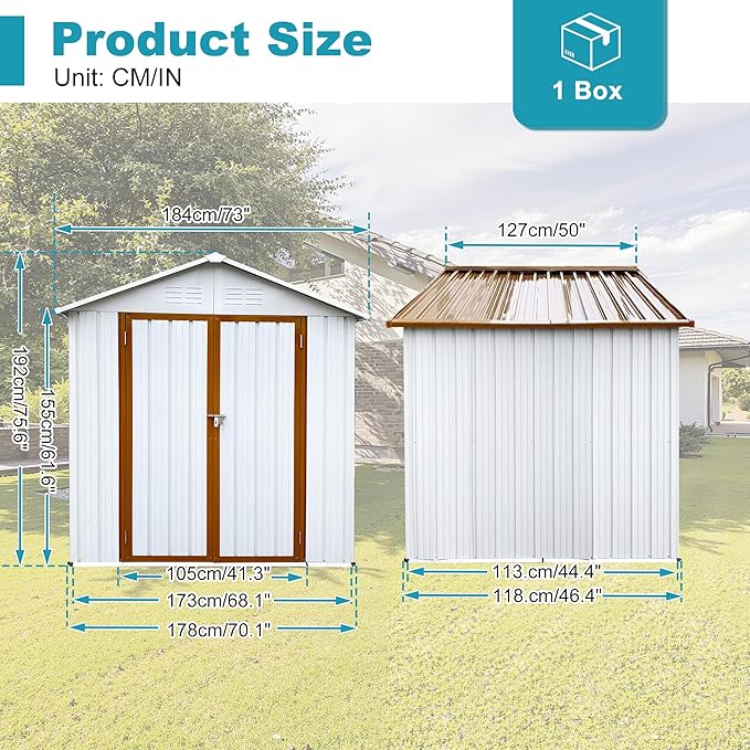 6ft x 4ft Outdoor Storage Shed Apex Roof Tool Shed Outdoor Storage Metal Garden Sheds Tool Cabinet with Galvanized Steel Construction for Backyard, Patio, Poolside, White + Yellow