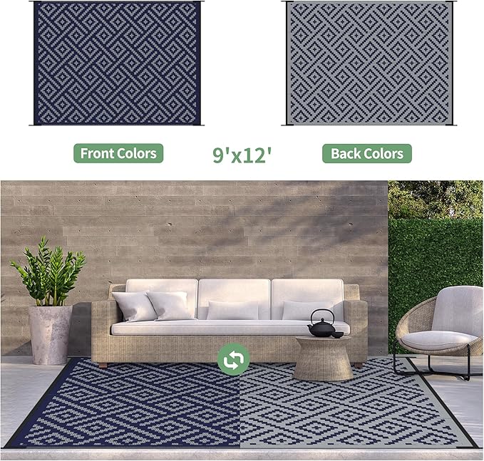 GENIMO Outdoor Rug for Patio Clearance, 9'x12' Waterproof Camping Mat, Reversible Plastic Straw Rugs for RV, Camper, Balcony, Backyard, Picnic, Deck (Blue & Grey)