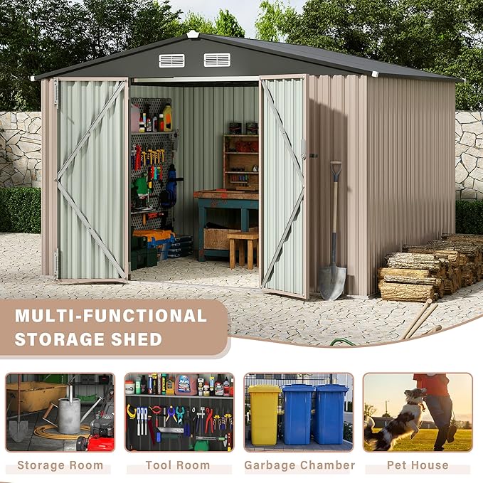 8x10 FT Metal Storage Sheds Outdoor, Metal ToolShed with Lockable Door, Metals Yard Sheds MetalGarden Shed Kit, Metals Utility Sheds Buildings with Air Vent for Backyard Garden Patio Lawn