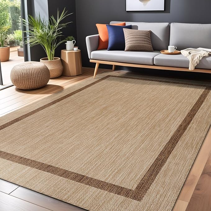 Bordered Outdoor Rug 6x9 Washable Outside Carpet for Indoor Patio Porch Waterproof Easy Cleaning Non Shedding Area Rugs Jute Beige - Nut Brown 6 x 9