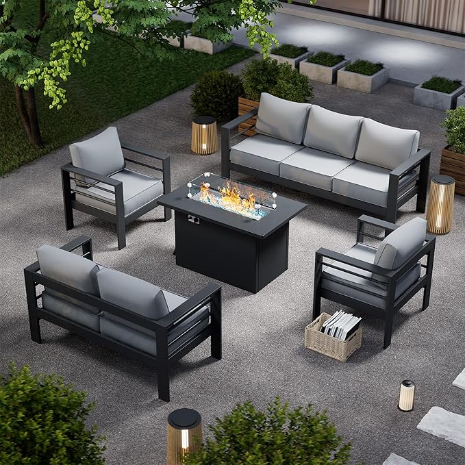 Aluminum Patio Furniture Set with Fire Pit Table, 8-Piece Metal Outdoor Furniture with Waterproof Covers for Backyard Garden (Dark Grey & Light Grey)