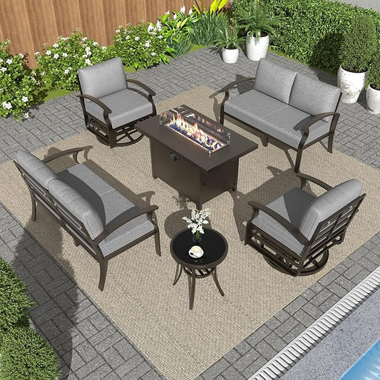 Kurapika Aluminum Patio Furniture Set 6-Seat Modern Metal Outdoor Conversation Sets w/45in Propane Fire Pit Table, Loveseat Sofa,Swivel Rocking Chairs w/5.1 Inch Cushion, Grey