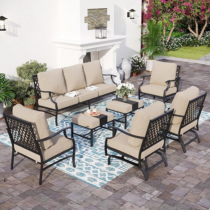Patio Furniture Set, Modern Metal Outdoor Patio Furniture, 3 Seater Sofa, 2 Fixed Chairs, 2 Rocking Chairs, 2 Ottomans and 5.75" Extra Thick Cushion, Patio Conversation Set for Garden