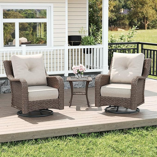 LayinSun 3 Piece Wicker Outdoor Furniture Set with 6-inch Comfy Cushions, High Back Patio Furniture Set with Swivel Rocking Chairs and Side Table