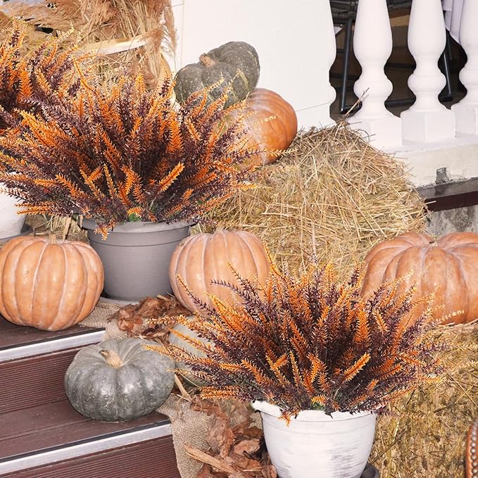 12 Bundles Artificial Fall Flowers Outdoors Fake Fall Lavender Flowers UV Resistant Plastic Faux Fall Plants for Indoor Home Porch Autumn Thanksgiving Fall Decorations (Brown)