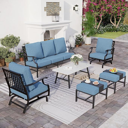 6 Piece Metal Outdoor Patio Furniture Set, Patio Conversation Set 1 3-seater Sofa, 2 Rocking Chair, 2 Ottomans with 5.75" Thick Cushion and Coffee Table, Black Backyard Furniture, Navy
