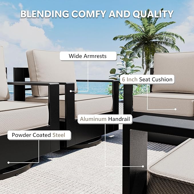 Aluminum Outdoor Swivel Rocker Patio Chairs Set of 2, All-Weather Metal Outdoor Chair with 6 Inch Thick Cushions, Deep Setting for Garden, Outside and Porch