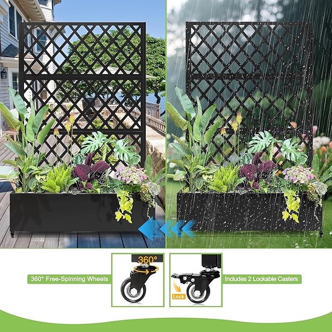 Metal Planter Trellis Box with Wheels & Drain Plug Outdoor Raised Garden Bed Patio Privacy Screen with Planter for Climbing Plants, Vegetables 73"x47"x16" Black-Diamond