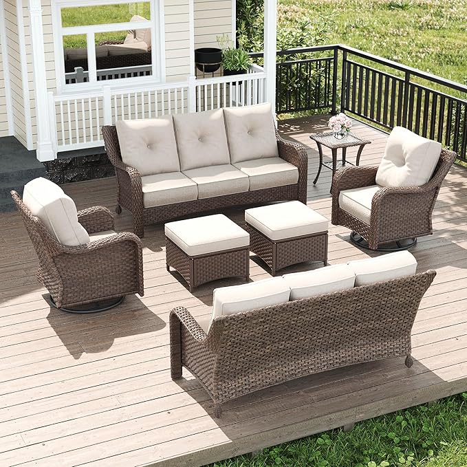 LayinSun 7 Piece Wicker Outdoor Furniture Set with 6-inch Comfy Cushions, High Back Patio Furniture Set with Swivel Rocking Chairs and Side Table