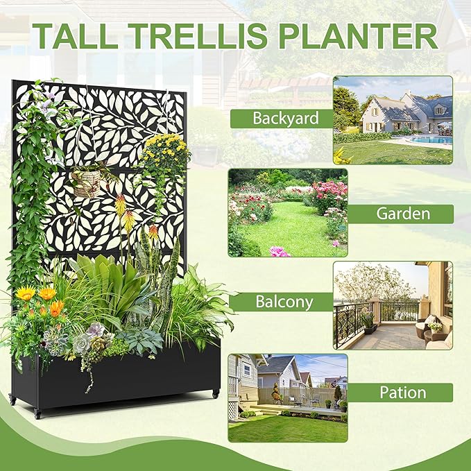 Raised Garden Bed with Trellis and Wheels,73"x47"x16" Metal Raised Garden Bed,Black Flowing Leaf-2 Metal Planter with Climbing Trellis for Vines & Vegetables