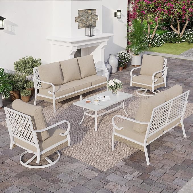 6 Piece Metal Outdoor Patio Furniture Set, Patio Conversations Set 3-Seater Sofa, 2-Seater Sofa, 2 Swivel Chair with 5.75" Thick Cushion & Coffee Table White Backyard Furniture, Beige