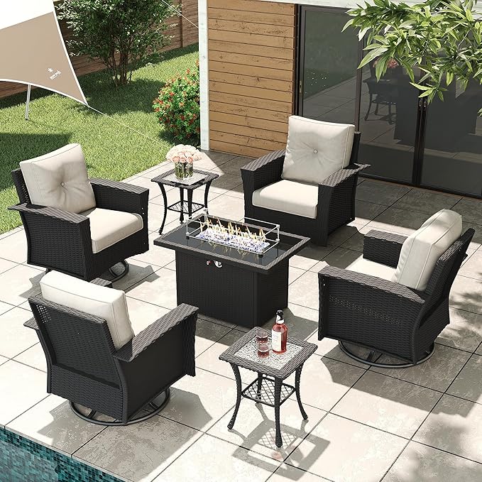 LayinSun 7 Piece Wicker Patio Furniture Set with Fire Pit Table, Classis Outdoor Conversation 360 Degree Swivel Chairs Set with Coffee Table