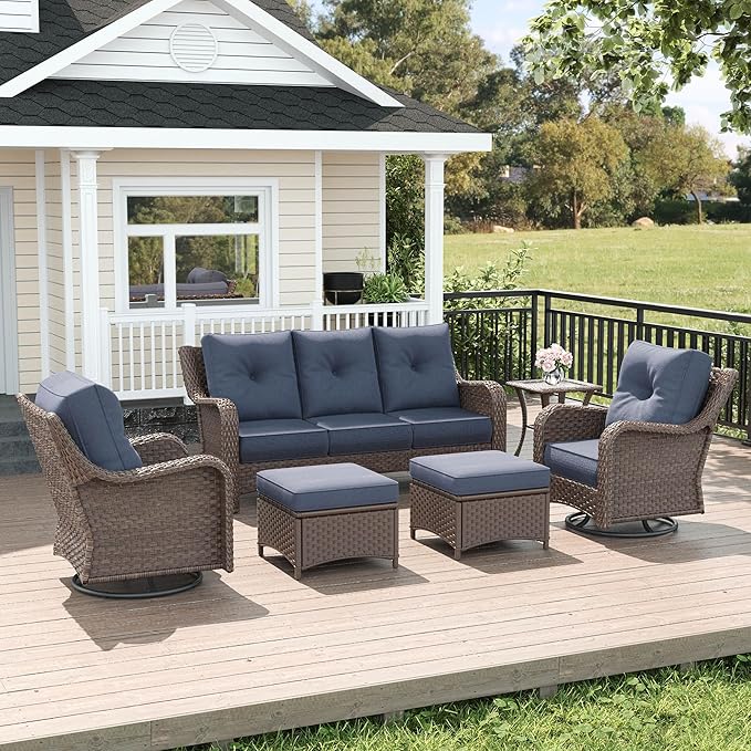 LayinSun 6 Piece Wicker Outdoor Furniture Set with 6-inch Comfy Cushions, High Back Patio Furniture Set with Swivel Rocking Chairs and Side Table