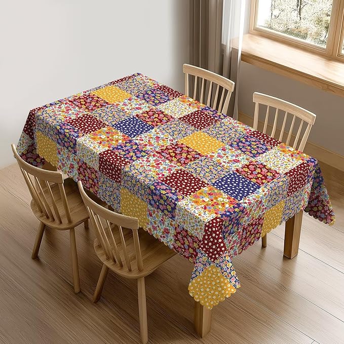 Boho Floral Patchwork Table Cloth for Dining Tables, Reusable Country Garden Fall Flowers Plaid Patchwork Tablecloths Decoration Rectangle Table Cover for Kitchen,Holiday,Party, 54x72 Inch