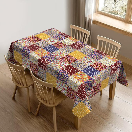 Boho Floral Patchwork Table Cloth for Dining Tables, Reusable Country Garden Fall Flowers Plaid Patchwork Tablecloths Decoration Rectangle Table Cover for Kitchen,Holiday,Party, 54x72 Inch