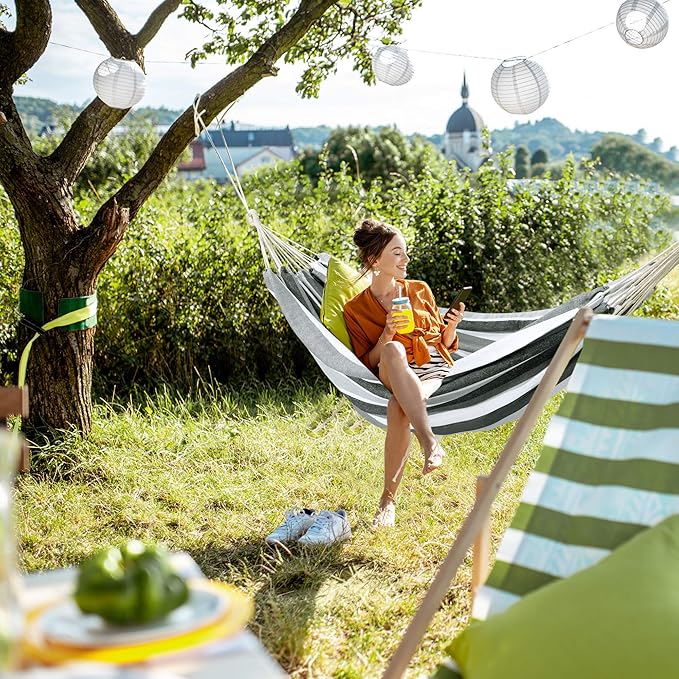 Double Hammock Brazilian Hammocks with Portable Carrying Bag,Soft Woven Fabric, Up to 450 Lbs Hanging for Patio,Trees,Garden,Backyard,Porch,Outdoor and Indoor XXX-Large Grey&White Stripe