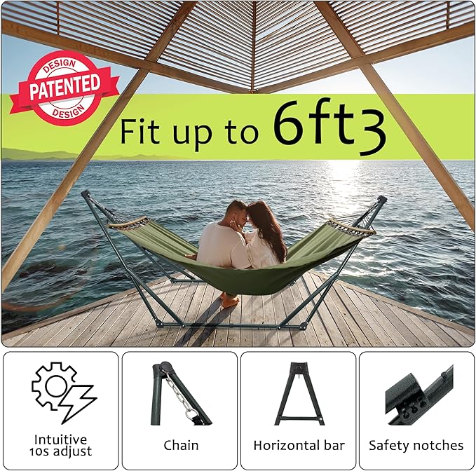Tranquillo Sturdy Steel Hammock Stand with Premium Cotton Canvas, 600 lbs Capacity Hammock Folding, Portable Hammock Stand 30-Second Fold Unfold Spacious Hammock Design, Sage