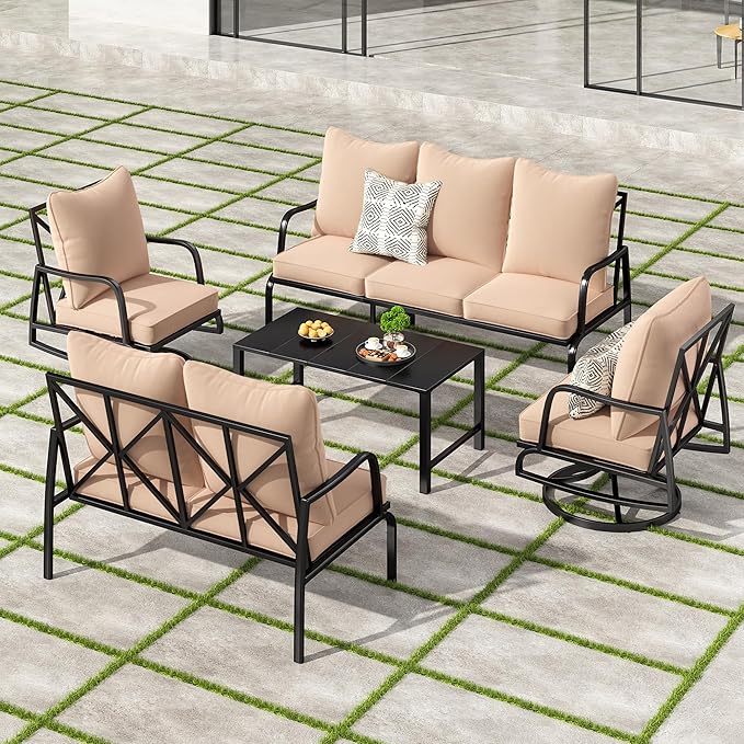 Soohow Outdoor Patio Furniture Set, 5 Piece Patio Furniture Set, 2 x Swivel Chair, 1 x 3-Seats Sofa, 1 x 2-Seats Sofa, and 1 x Coffee Table, Metal Conversation Set for Porch, Balcony, and Backyard