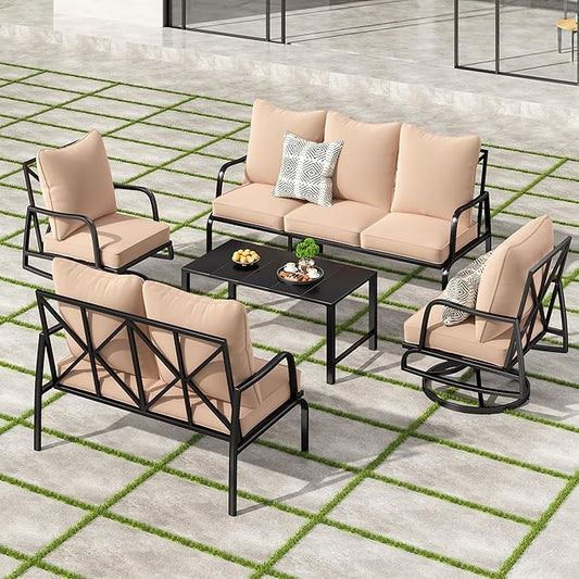 Soohow Outdoor Patio Furniture Set, 5 Piece Patio Furniture Set, 2 x Swivel Chair, 1 x 3-Seats Sofa, 1 x 2-Seats Sofa, and 1 x Coffee Table, Metal Conversation Set for Porch, Balcony, and Backyard