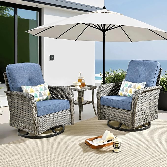 ovios 3 Pieces Patio Furniture Set, Outdoor Rocking Chairs of 2, Wicker Swivel Glider Chairs with Side Table Thick Cushions, All Weather Rattan Bistro Set for Porch, Denim Blue