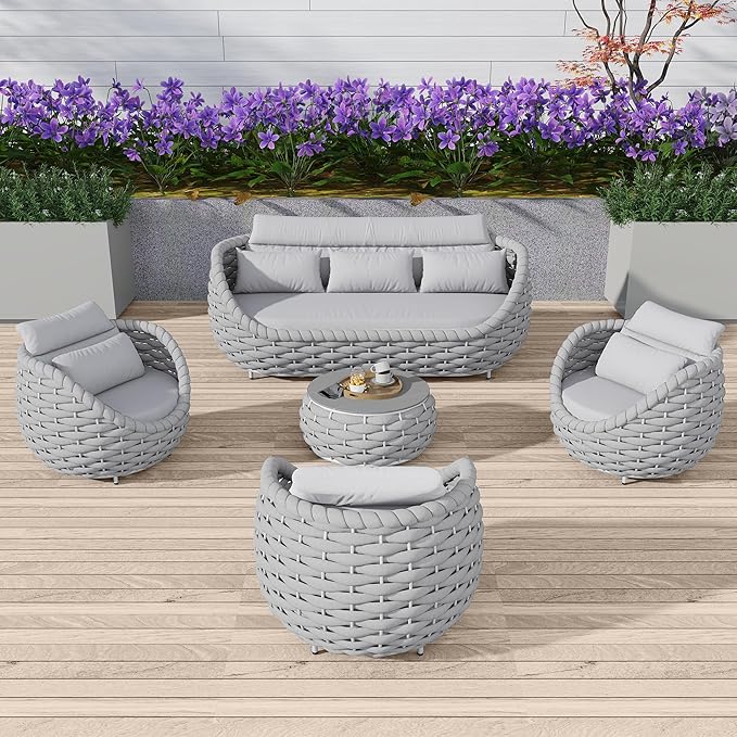 6-Piece Aluminum Patio Furniture Set, Modern Outdoor Conversation Set Sectional Sofa with Water Repellent Thick Cushions and Coffee Table for Balcony, Garden