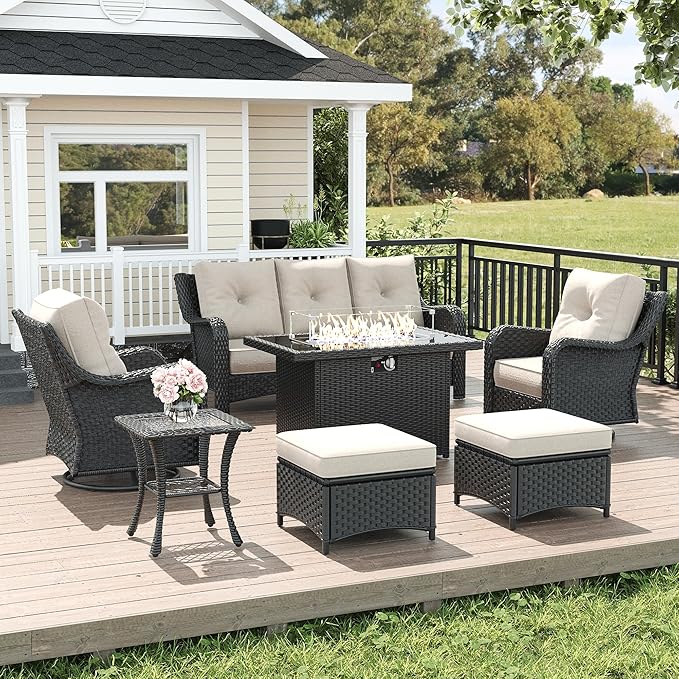 LayinSun 7 Piece Wicker Outdoor Furniture Set with 6-inch Comfy Cushions, High Back Patio Furniture Set with Swivel Rocking Chairs and Fire Pit Table