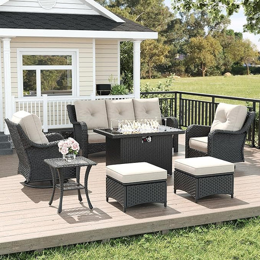 LayinSun 7 Piece Wicker Outdoor Furniture Set with 6-inch Comfy Cushions, High Back Patio Furniture Set with Swivel Rocking Chairs and Fire Pit Table