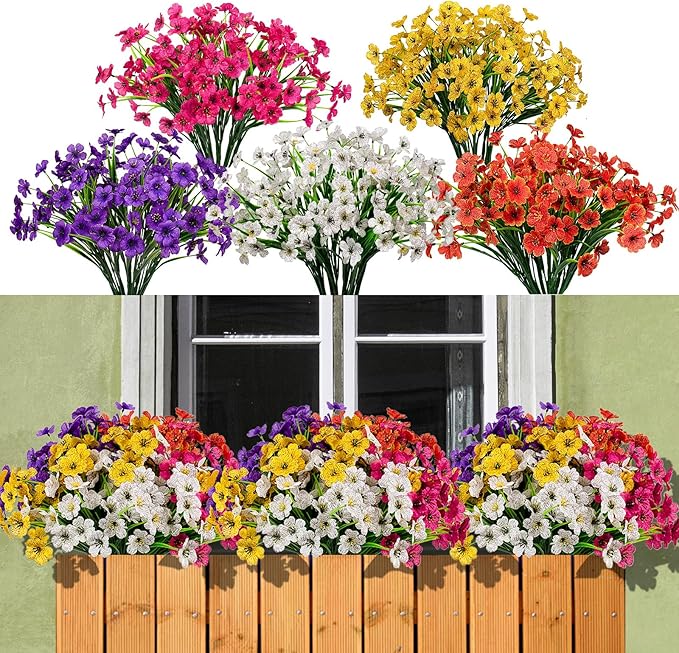 15 Bundles Artificial Flowers Outdoor UV Resistant Fake Silk Plants Plastic Faux Shrubs Outside Front Porch Window Box Garden Home Hanging Planter Decoration (Mixed Color)