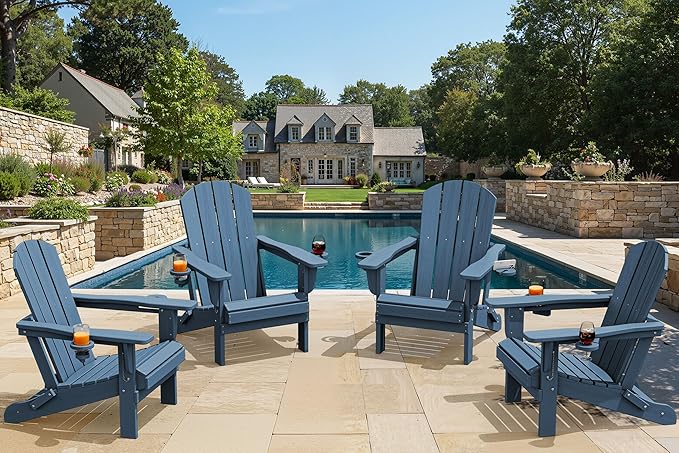 SERWALL Folding Adirondack Chair, Dual Cup Holders & All-Weather HDPE, Wood-Like Patio Chair for Backyard, Camping，Pool & Fire Pit- Navy