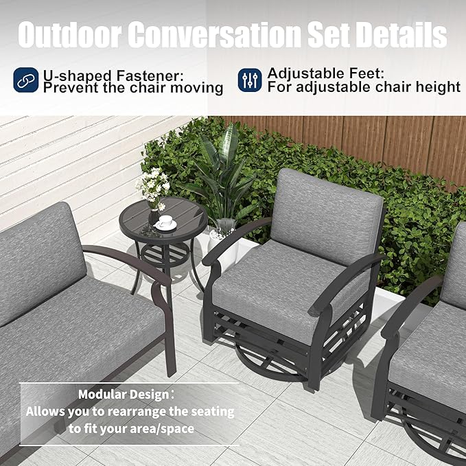Kurapika Aluminum Patio Furniture Set 5-Seat Modern Metal Outdoor Conversation Sets w/5.1 Inch Cushion Patio Sectional Sofa, Grey