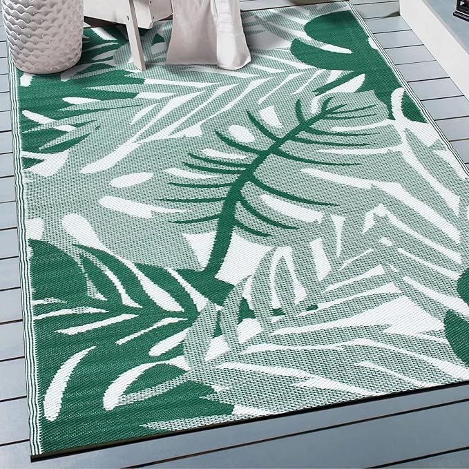 Rugshop Tropical Leaf Reversible Crease-Free Waterproof Premium Recycled Plastic Outdoor Rugs for Patio,Backyard,RV,Deck,Picnic,Trailer,Beach,Camping,Sunroom Green 3' x 5'