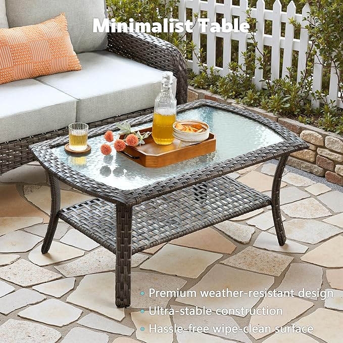 4-Piece Wicker Patio Furniture Set, All-Weather Rattan Conversation Bistro Loveseat Chair and Table Set for Backyard, Balcony and Deck with Soft Cushions and Metal Table(Gray)