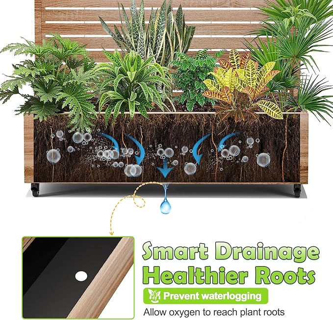 15.7"×70.9"×47.2" Metal Raised Garden Bed with Trellis and Wheels - Tall Trellis Planter Box for Climbing Plants, Vegetables & Vines - Outdoor Privacy Planters for Patio (Cut Oak Grain)