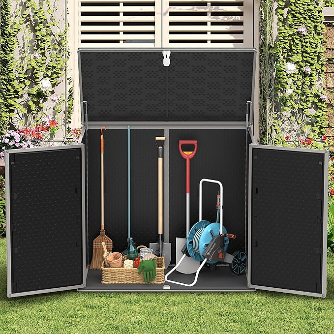 Uhomepro 4.6 Ft. X 4.1 Ft Outdoor Horizontal Storage Shed, Resin Storage Shed with Double Lockable Doors, Ideal for Garbage Can Storage and Garden Tools, Strong Water Resistance, Gray