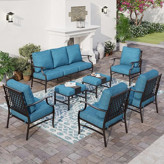 7 Piece Metal Outdoor Patio Furniture Set, Patio Conversation Sets 3-seater Sofa, 4 Fixed Chair, 2 Ottomans with 5.75" Thick Cushion, Black All-weather Frame Backyard Furniture, Blue-2