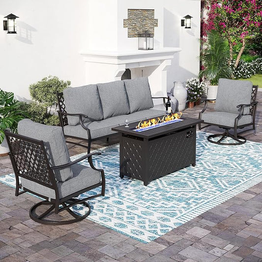 4 Piece Metal Outdoor Patio Furniture Sets with 5000 BTU Firepit Table, Patio Conversation Sets 1 3-seater Sofa, 2 Swivel Chair with 5.75" Thick Cushion, Black Backyard Furniture, Gray