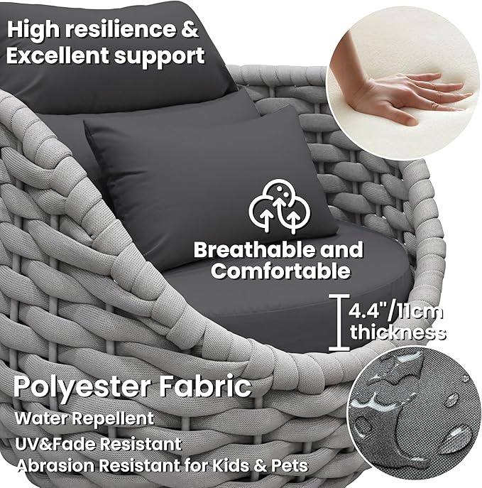 4 PCS Deck Furniture Accent Chair: Aluminum Woven Rope Chair - Outdoor Lounge Armchair Cushioned - Modern Patio Seating Assembled - All Weather for 400lbs Porch Lanai Balcony Yard Garden Hotel