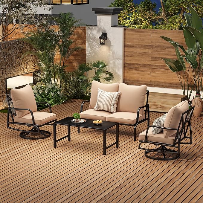 Soohow Patio Furniture Set, 4 Piece Outdoor Patio Furniture Set, 2 x Outdoor Swivel Chair, 1 x 2-Seats Sofa and 1 x Coffee Table, Metal Conversation Set for Porch, Balcony, and Backyard