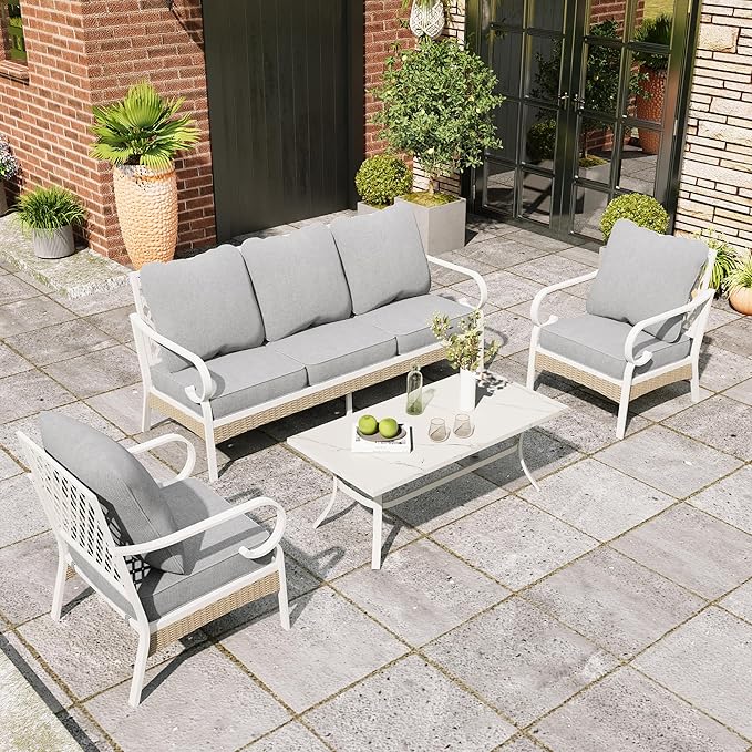 4 Piece Patio Furniture Set, 2 x Fixed Chair, 1 x 3-Seat Sofa with Marbling Coffee Table, 5 Seats Outdoor Conversation Set for Lawn Garden Backyard, Light Gray