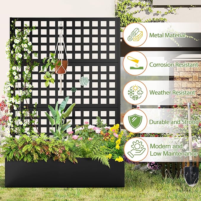 Metal Raised Garden Bed, Trellis Planters Bed with Drainage Holes for Climbing Plants, Vegetables Outdoor Privacy Screen with Planter Box 73"x47"x16", Black