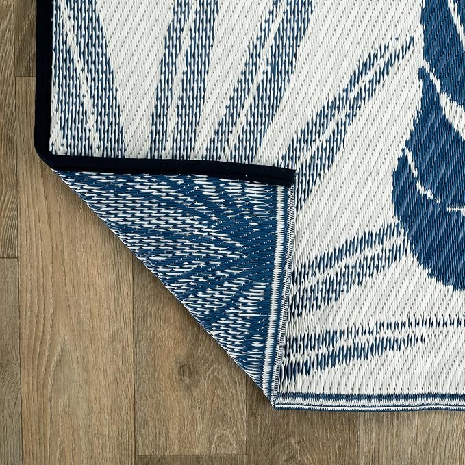 Rugshop Tropical Floral Leaf Reversible Crease-Free Waterproof Premium Recycled Plastic Outdoor Rugs for Patio,Backyard,RV,Deck,Picnic,Trailer,Beach,Camping,Sunroom Navy/Blue 5' x 7'