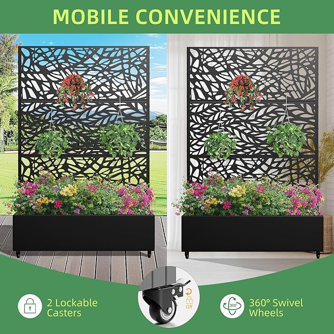 Casaphoria Metal Raised Garden Bed with Trellis and Wheels, 72"x 47"x 16" Planter Box for Climbing Plants, Vegetables & Vines, Features Drainage Holes and Privacy Screen,Black(Black-Spring&Net)