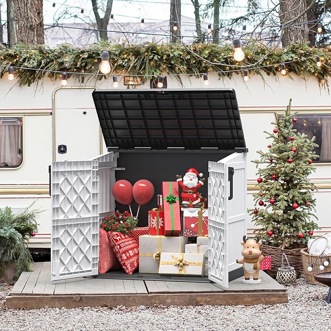 LHBcraft Outdoor Storage Cabinet 36 Cu Ft with Lockable Doors, Portable Horizontal Resin Storage Shed